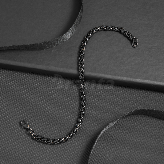 Black Round Wheat Stainless Steel Bracelet For Men (8.5 Inch)