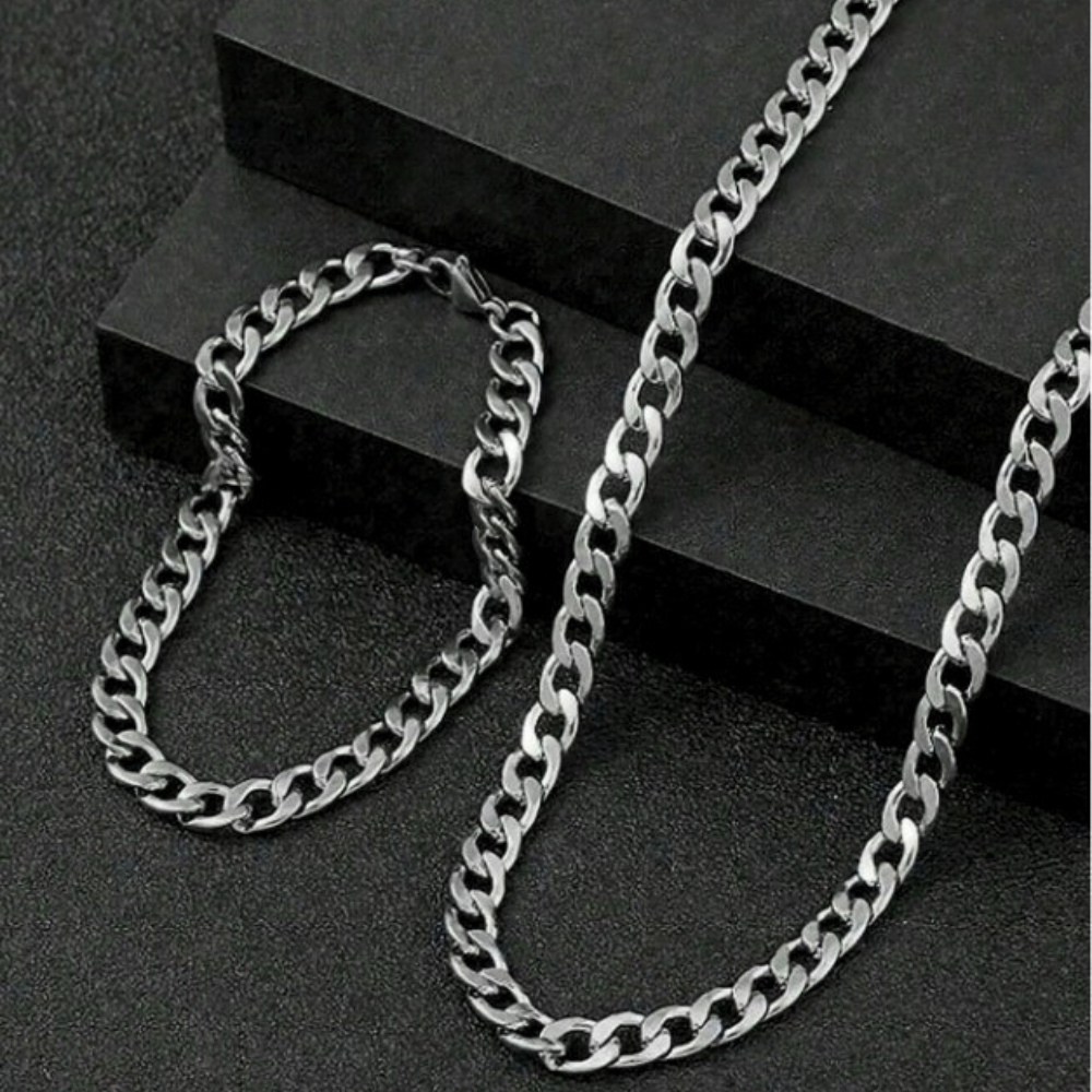 Silver Stainless Steel Curb Chain & Bracelet Combo For Men