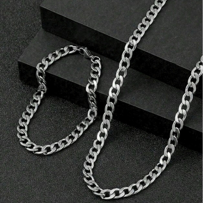 Silver Stainless Steel Curb Chain & Bracelet Combo For Men