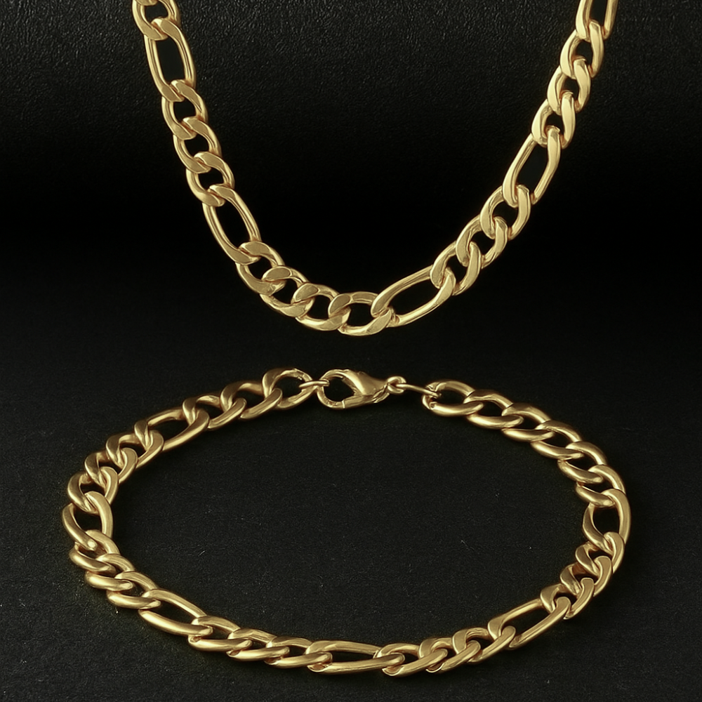 Gold- Plated Figaro Chain & Bracelet Set for Men
