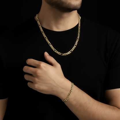 Gold- Plated Figaro Chain & Bracelet Set for Men