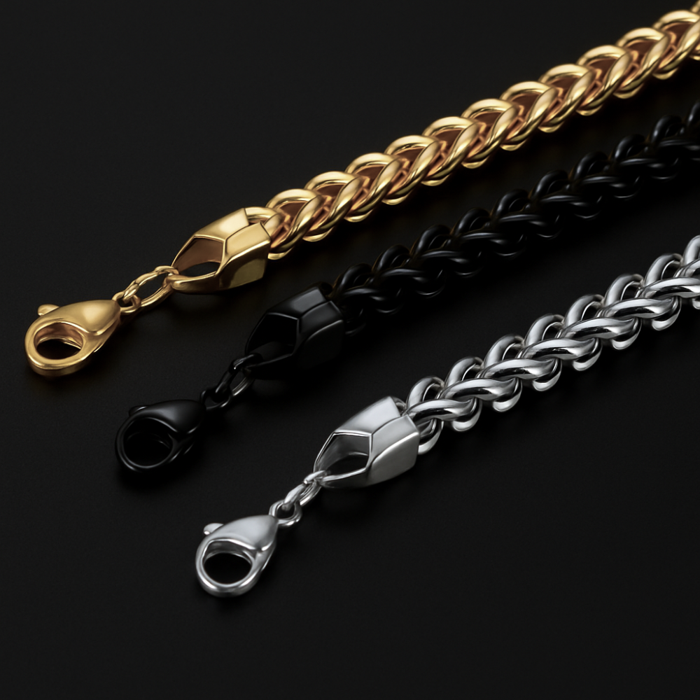 Chunky Link Bracelet Combo For Men (Gold Plated, Silver & Black)