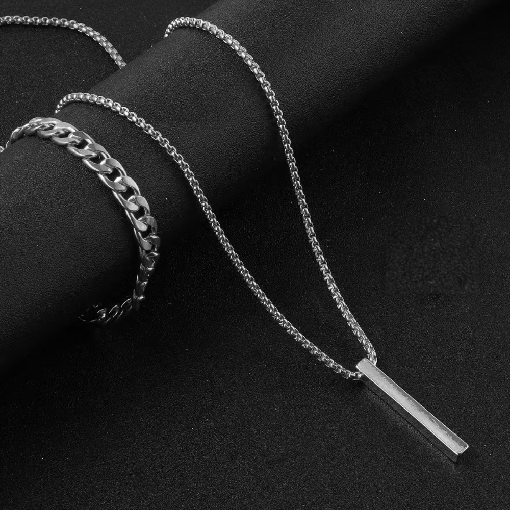 Classic Curb Link Bracelet & Bar Pendant Chain Combo For Men