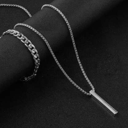 Classic Curb Link Bracelet & Bar Pendant Chain Combo For Men